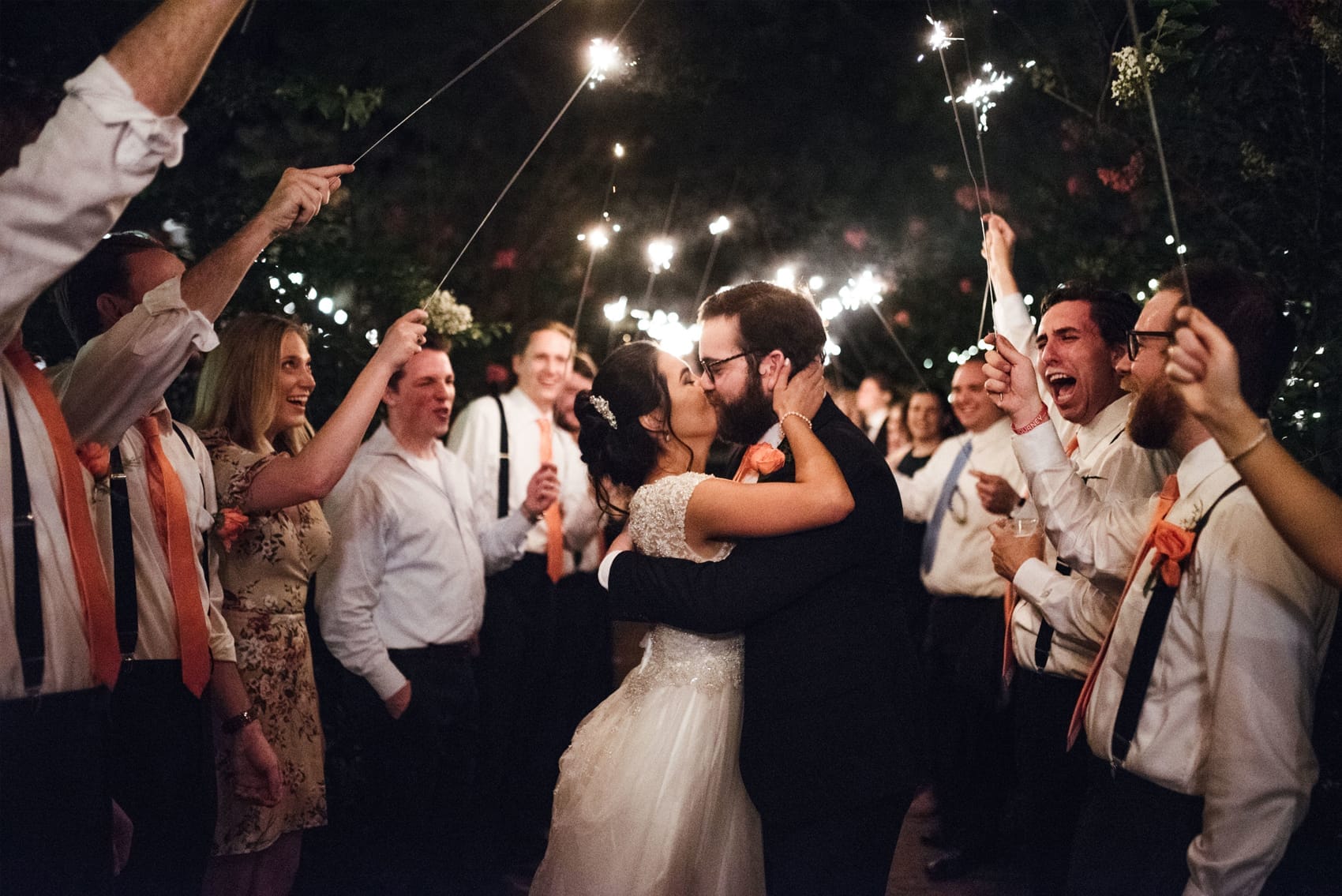Night wedding with sparklers at stone oak ranch